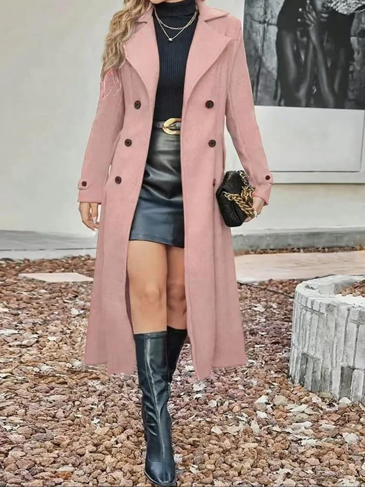 Damen Langer Doppelreihiger Wollmix-Mantel mit tailliertem Schnitt Nord Taschen