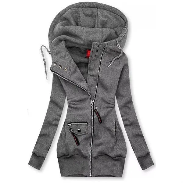 Damen Lange Kapuzenjacke mit asymmetrischem Reißverschluss und Zip‑Tasche Nord Taschen