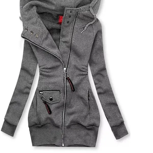 Damen Lange Kapuzenjacke mit asymmetrischem Reißverschluss und Zip‑Tasche Nord Taschen