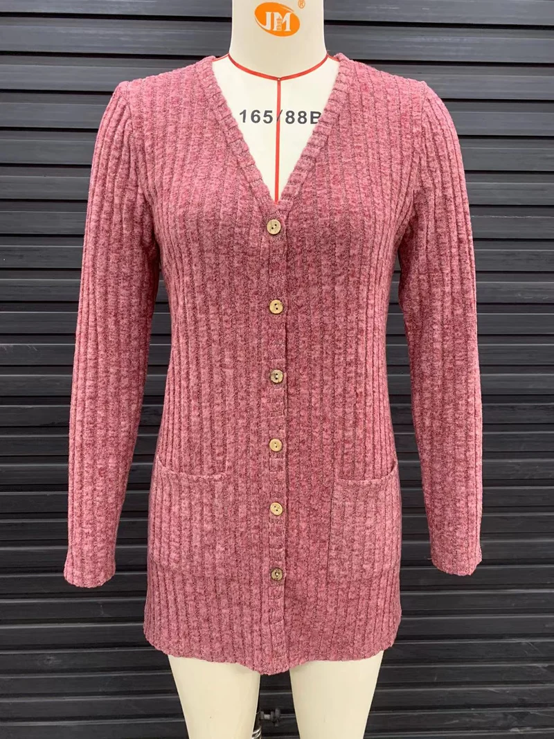 Damen Lang geschnittene Rippstrick‑Cardigan mit Knopfleiste und Eingrifftaschen Nord Taschen