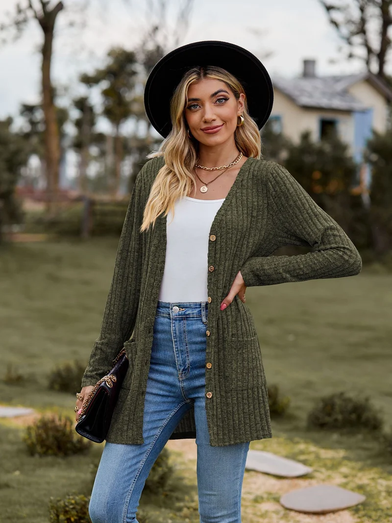 Damen Lang geschnittene Rippstrick‑Cardigan mit Knopfleiste und Eingrifftaschen Nord Taschen