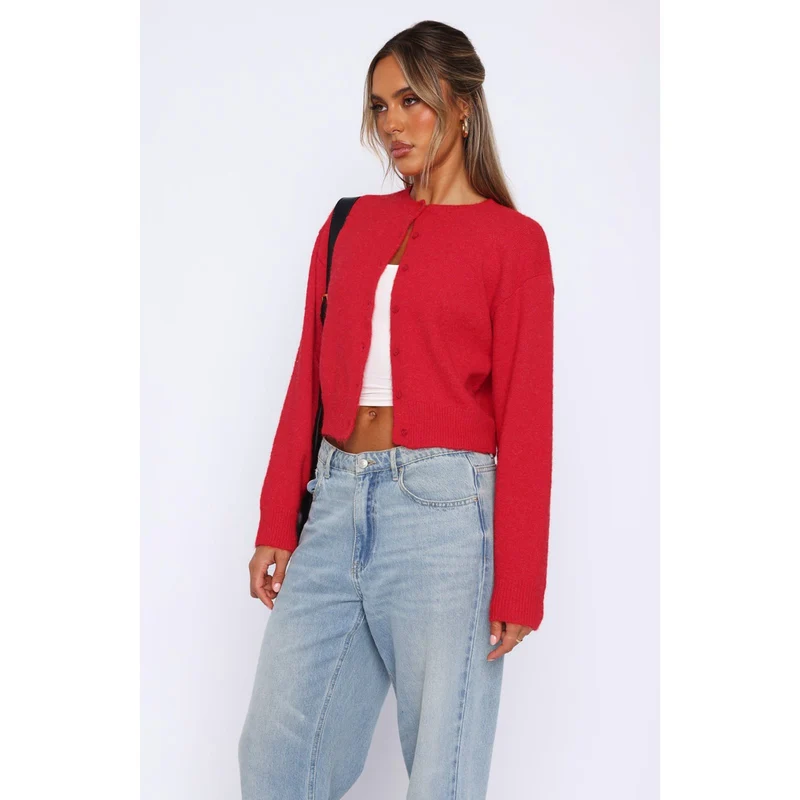 Damen Kurzgeschnittene Strickjacke mit verdeckter Knopfleiste und Ballonärmeln Nord Taschen