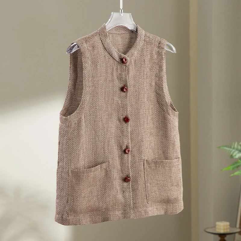 Damen Ärmellose Strickweste mit Stehkragen, Knopfleiste und aufgesetzten Taschen Nord Taschen