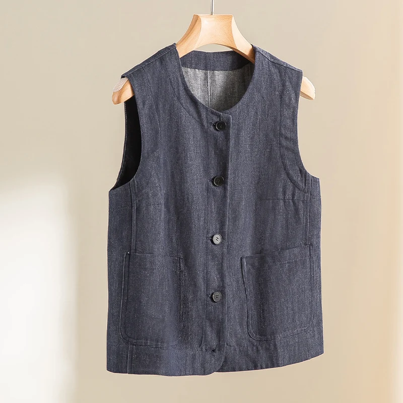 Damen Ärmellose leicht taillierte Weste aus Leinen-Denim mit Knopfleiste und aufgesetzten Taschen Nord Taschen