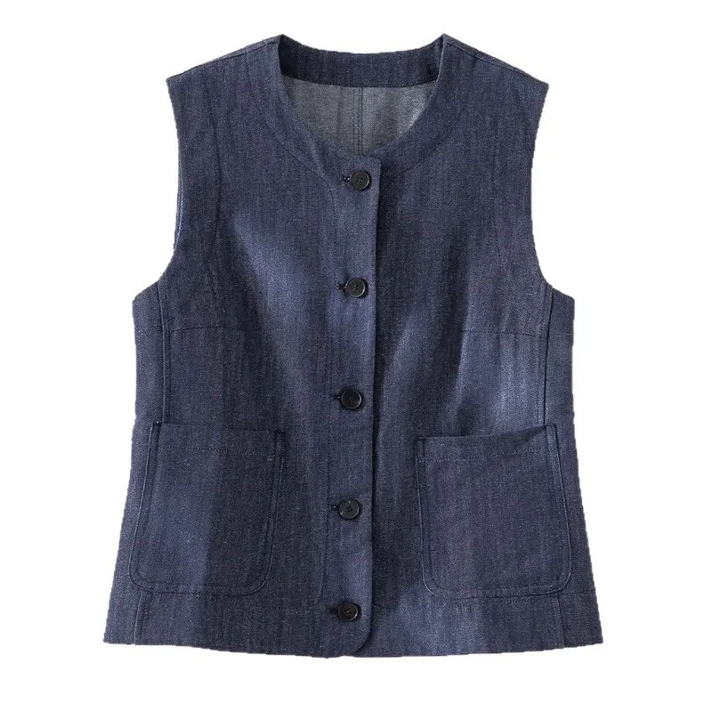 Damen Ärmellose leicht taillierte Weste aus Leinen-Denim mit Knopfleiste und aufgesetzten Taschen Nord Taschen