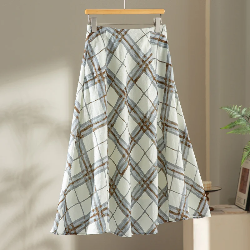 Damen A‑Linien‑Midirock mit hoher Taille und aquarelligem Karomuster Nord Taschen