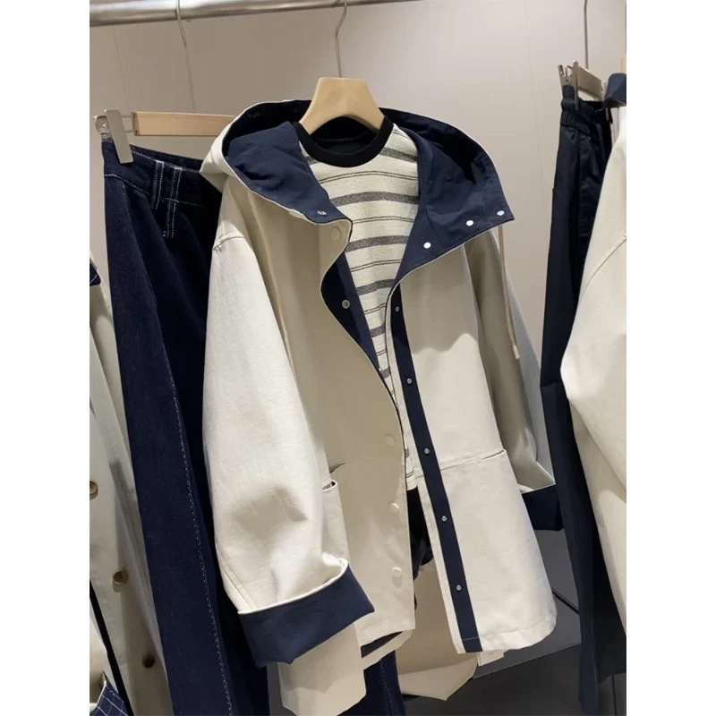 Unisex Oversized utilitarischer Trenchcoat mit kontrastiertem Innenfutter und Kapuze Nord Taschen