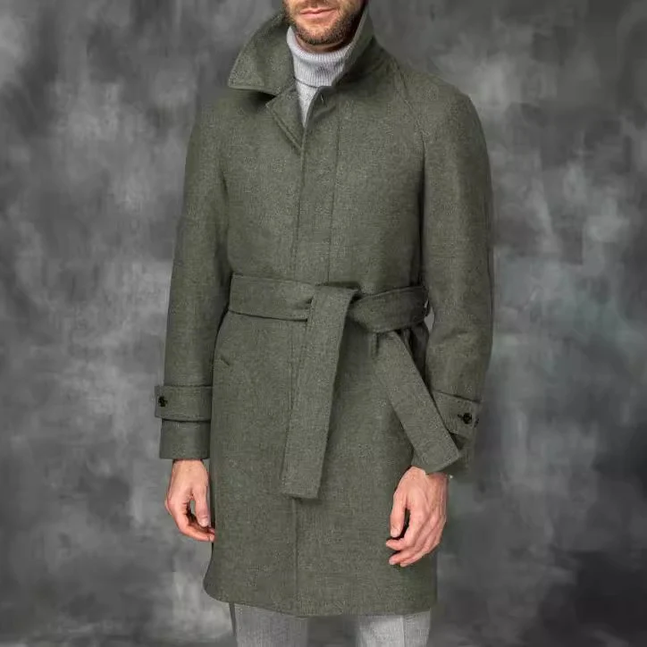 Herren Mantel mittellang aus Wollmix mit Bindegürtel und verdeckter Knopfleiste Nord Taschen