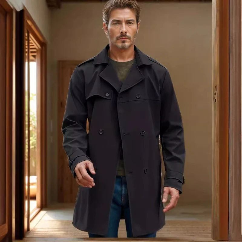 Herren Leichter Doppelreihiger Trenchcoat mit Wasserabweisender Beschichtung Nord Taschen