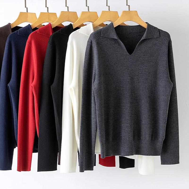 Damen Feinstrickpullover mit V-Ausschnitt und Hemdkragen Nord Taschen