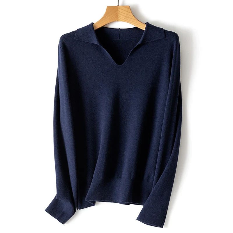 Damen Feinstrickpullover mit V-Ausschnitt und Hemdkragen Nord Taschen