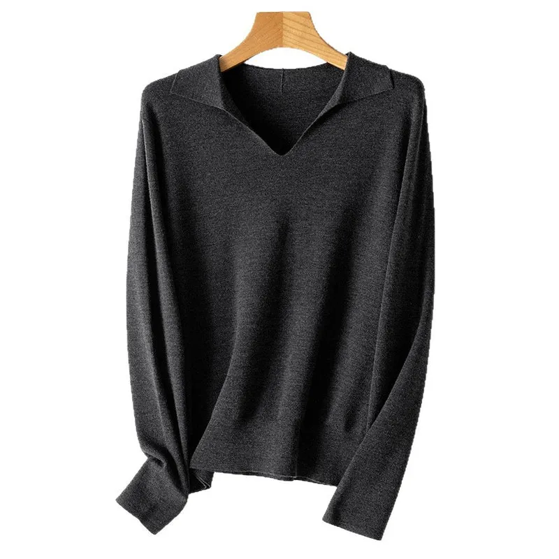 Damen Feinstrickpullover mit V-Ausschnitt und Hemdkragen Nord Taschen