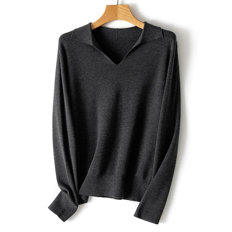 Damen Feinstrickpullover mit V-Ausschnitt und Hemdkragen Nord Taschen
