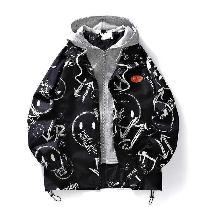 Herren mehrlagige Übergangsjacke mit Kapuzen-Innenlayer und Smiley-Graffiti-Print Nord Taschen