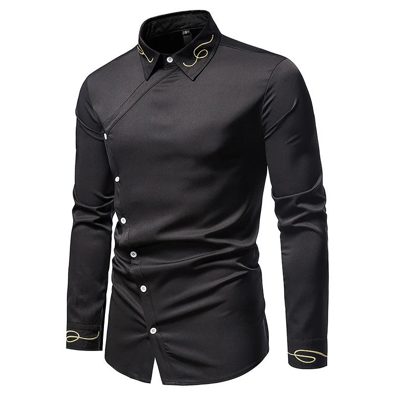 Herren Elegantes Langarmhemd mit asymmetrischem Knopfdesign und gesticktem Kragen