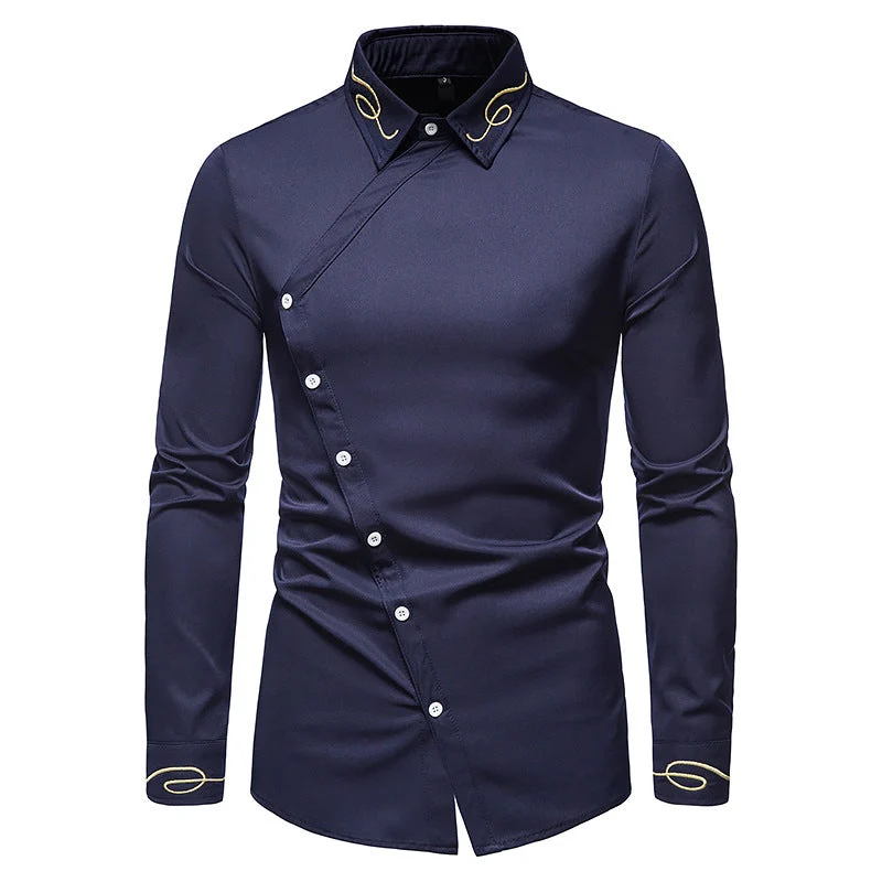Herren Elegantes Langarmhemd mit asymmetrischem Knopfdesign und gesticktem Kragen
