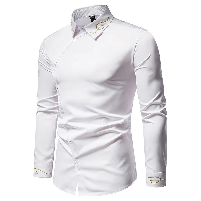 Herren Elegantes Langarmhemd mit asymmetrischem Knopfdesign und gesticktem Kragen