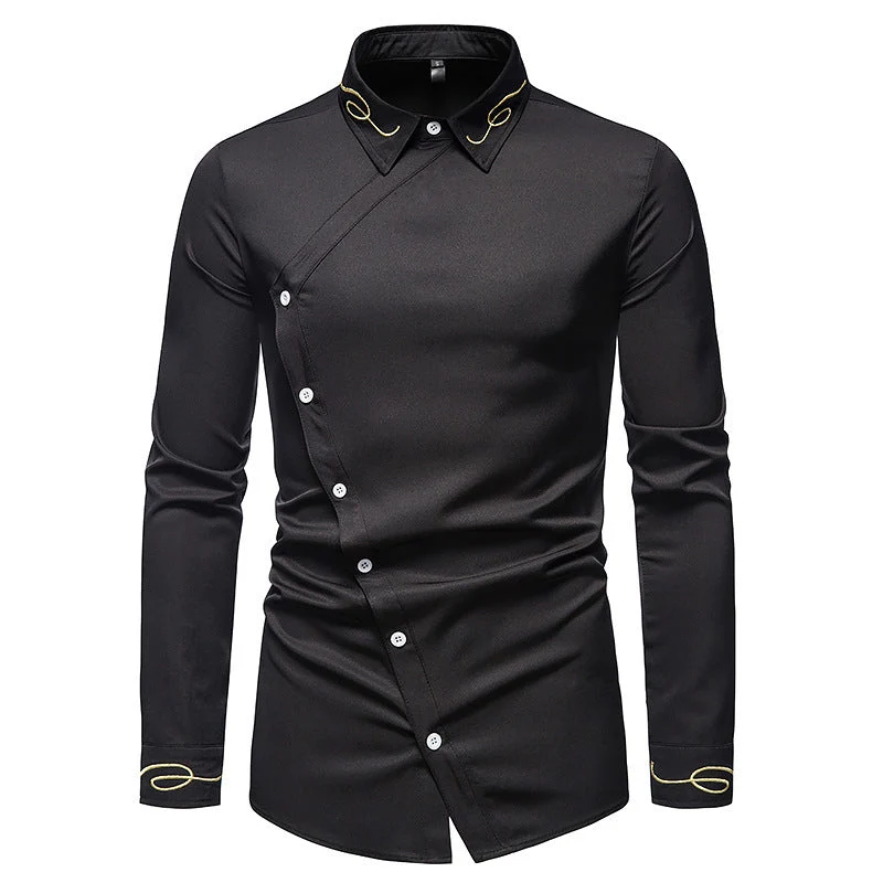 Herren Elegantes Langarmhemd mit asymmetrischem Knopfdesign und gesticktem Kragen