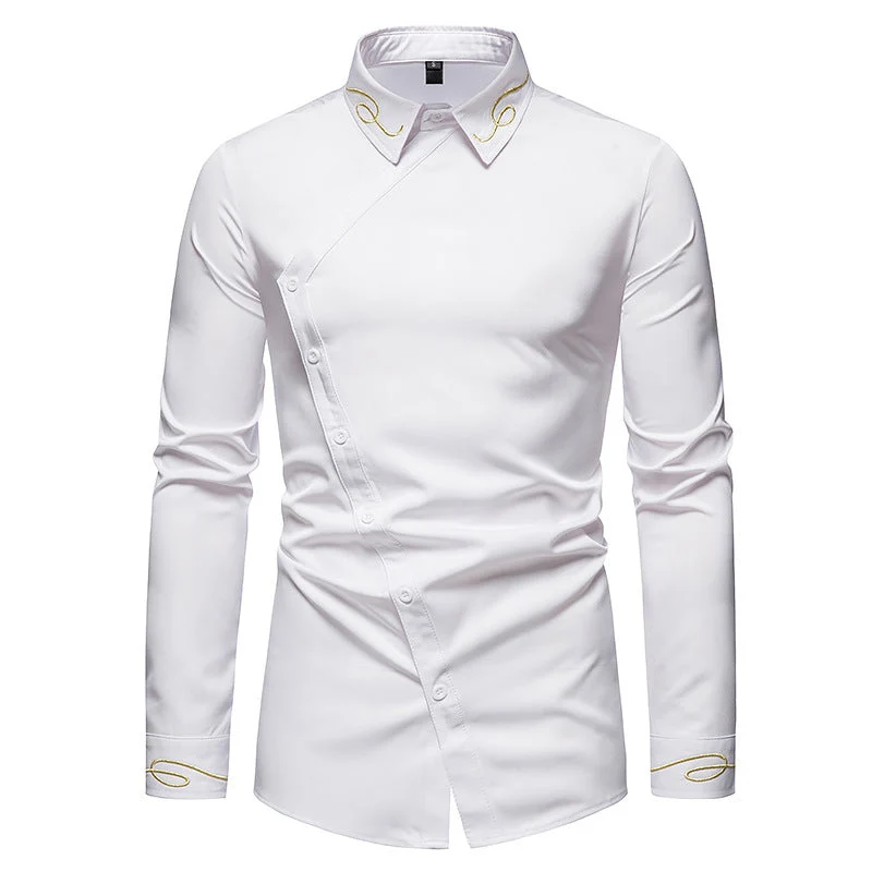 Herren Elegantes Langarmhemd mit asymmetrischem Knopfdesign und gesticktem Kragen