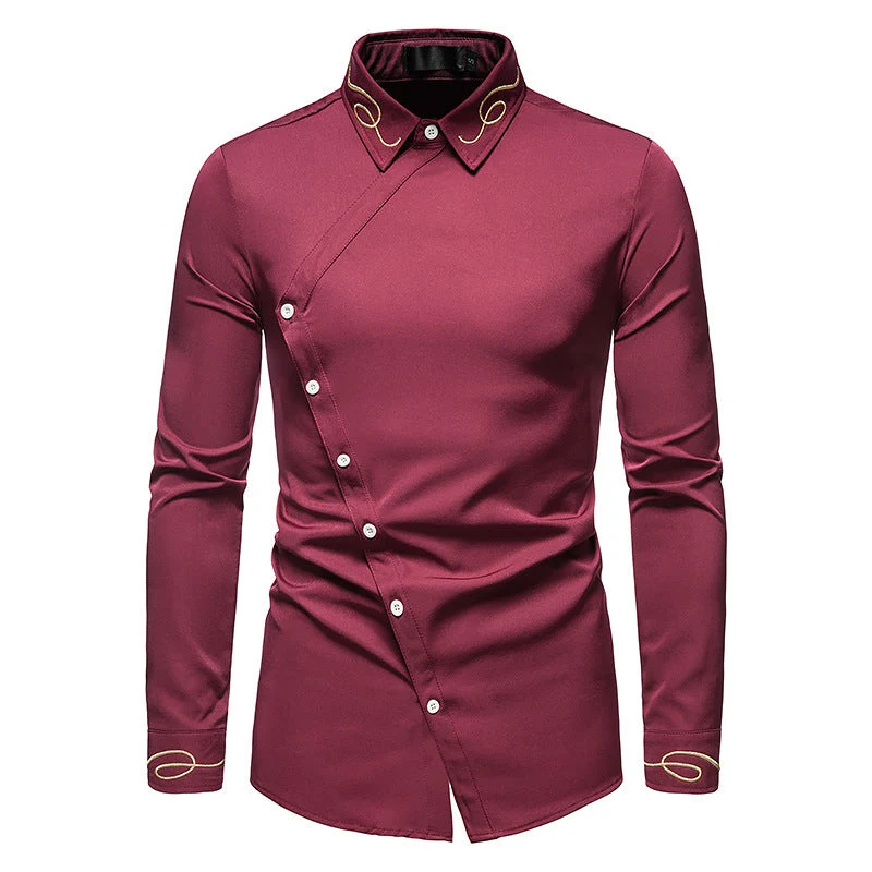 Herren Elegantes Langarmhemd mit asymmetrischem Knopfdesign und gesticktem Kragen