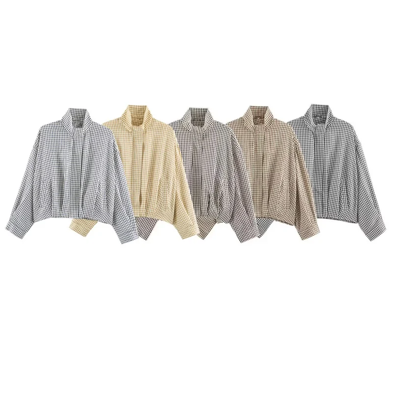 Damen Karo-Übergangsjacke im Oversize-Cropped-Schnitt mit hohem Stehkragen Nord Taschen