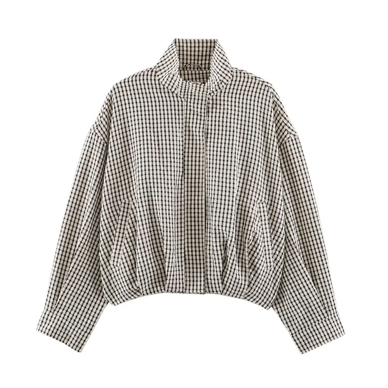 Damen Karo-Übergangsjacke im Oversize-Cropped-Schnitt mit hohem Stehkragen Nord Taschen