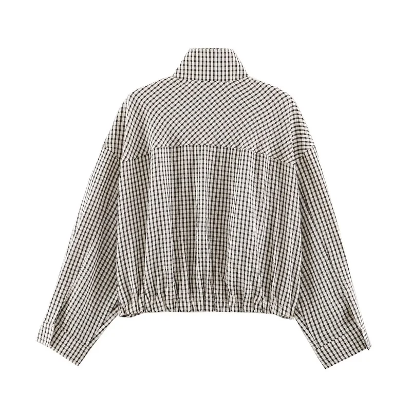 Damen Karo-Übergangsjacke im Oversize-Cropped-Schnitt mit hohem Stehkragen Nord Taschen