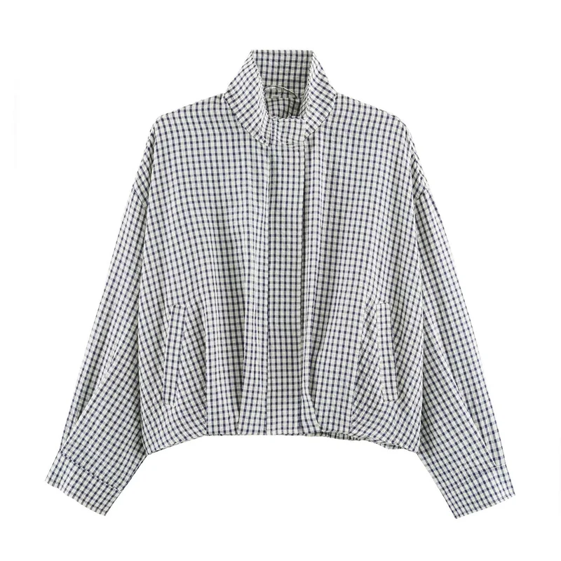 Damen Karo-Übergangsjacke im Oversize-Cropped-Schnitt mit hohem Stehkragen Nord Taschen