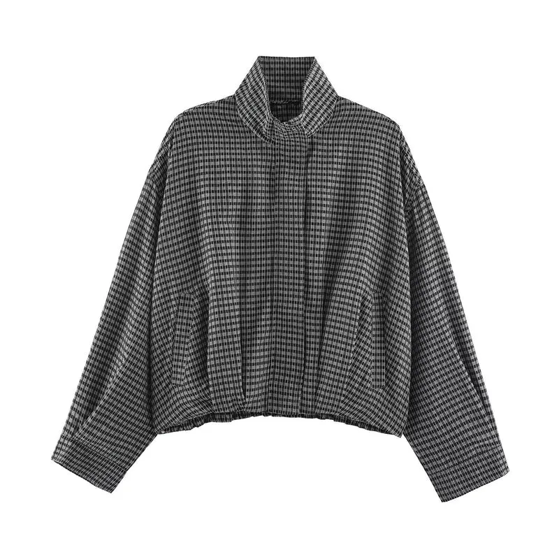 Damen Karo-Übergangsjacke im Oversize-Cropped-Schnitt mit hohem Stehkragen Nord Taschen