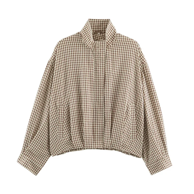 Damen Karo-Übergangsjacke im Oversize-Cropped-Schnitt mit hohem Stehkragen Nord Taschen
