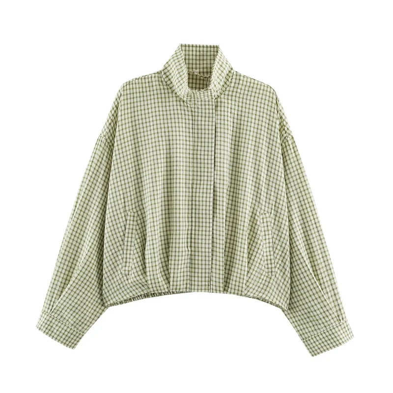 Damen Karo-Übergangsjacke im Oversize-Cropped-Schnitt mit hohem Stehkragen Nord Taschen