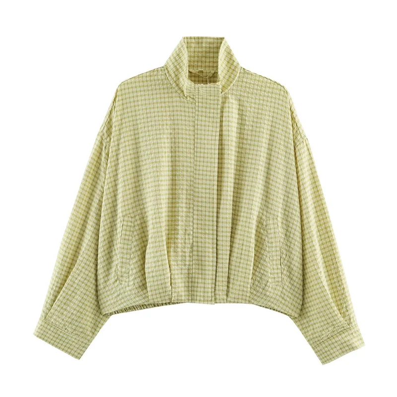 Damen Karo-Übergangsjacke im Oversize-Cropped-Schnitt mit hohem Stehkragen Nord Taschen