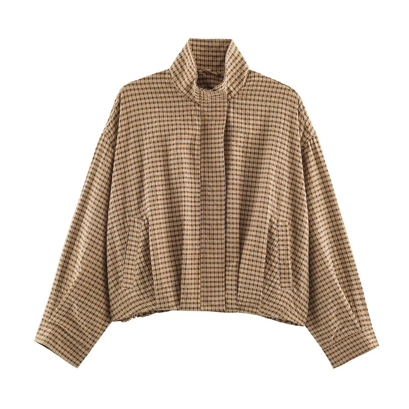 Damen Karo-Übergangsjacke im Oversize-Cropped-Schnitt mit hohem Stehkragen Nord Taschen