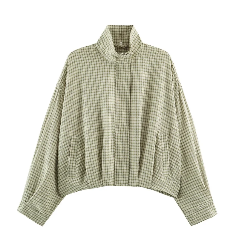 Damen Karo-Übergangsjacke im Oversize-Cropped-Schnitt mit hohem Stehkragen Nord Taschen