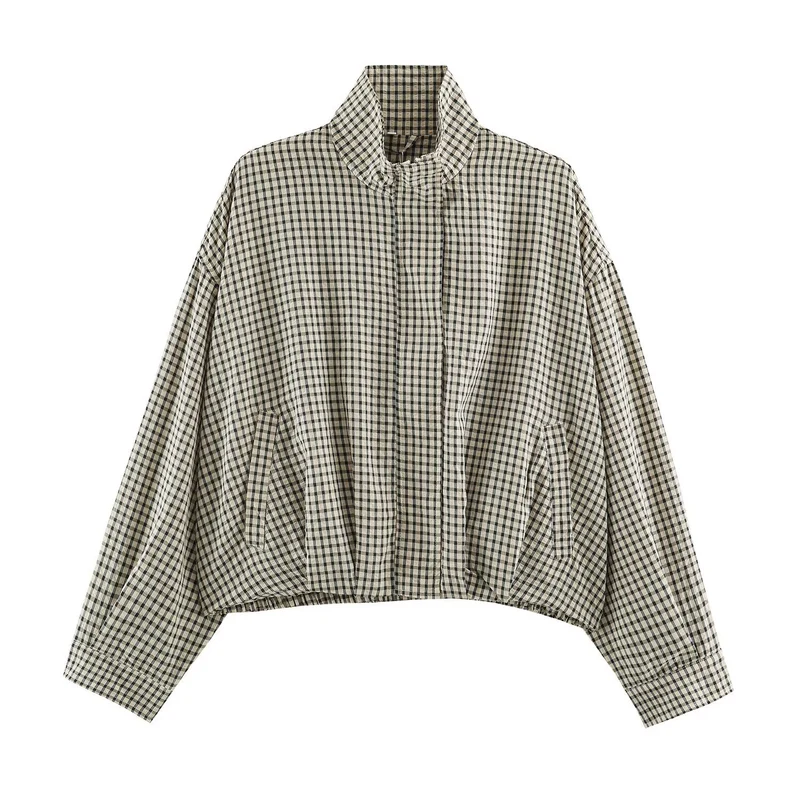 Damen Karo-Übergangsjacke im Oversize-Cropped-Schnitt mit hohem Stehkragen Nord Taschen