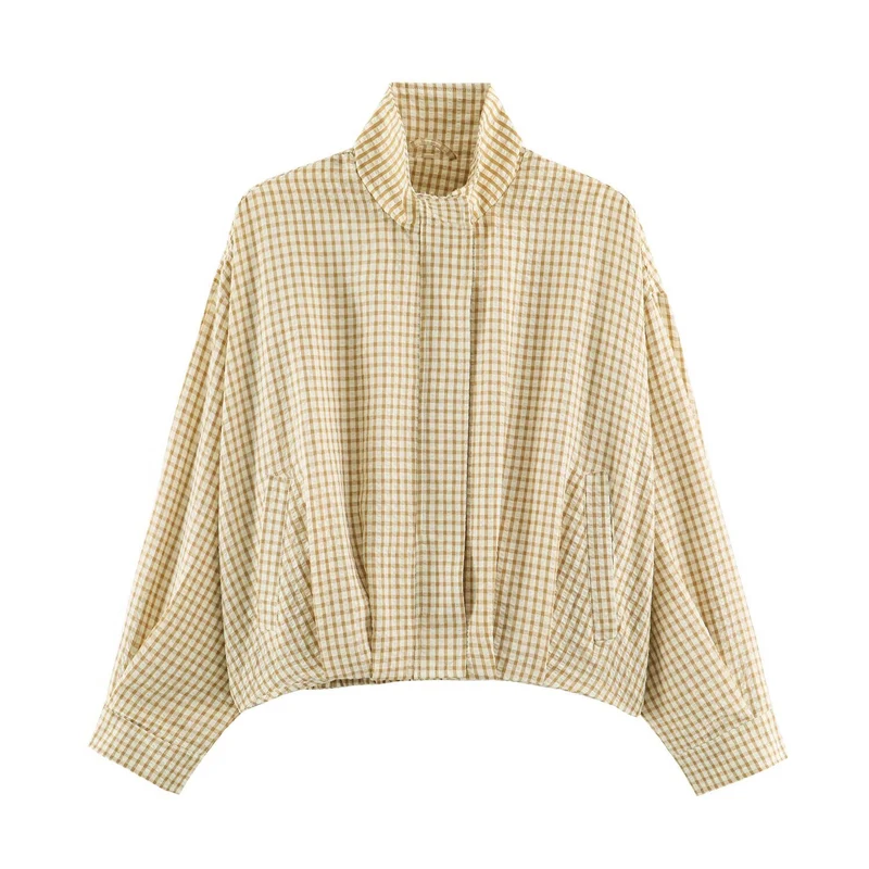Damen Karo-Übergangsjacke im Oversize-Cropped-Schnitt mit hohem Stehkragen Nord Taschen
