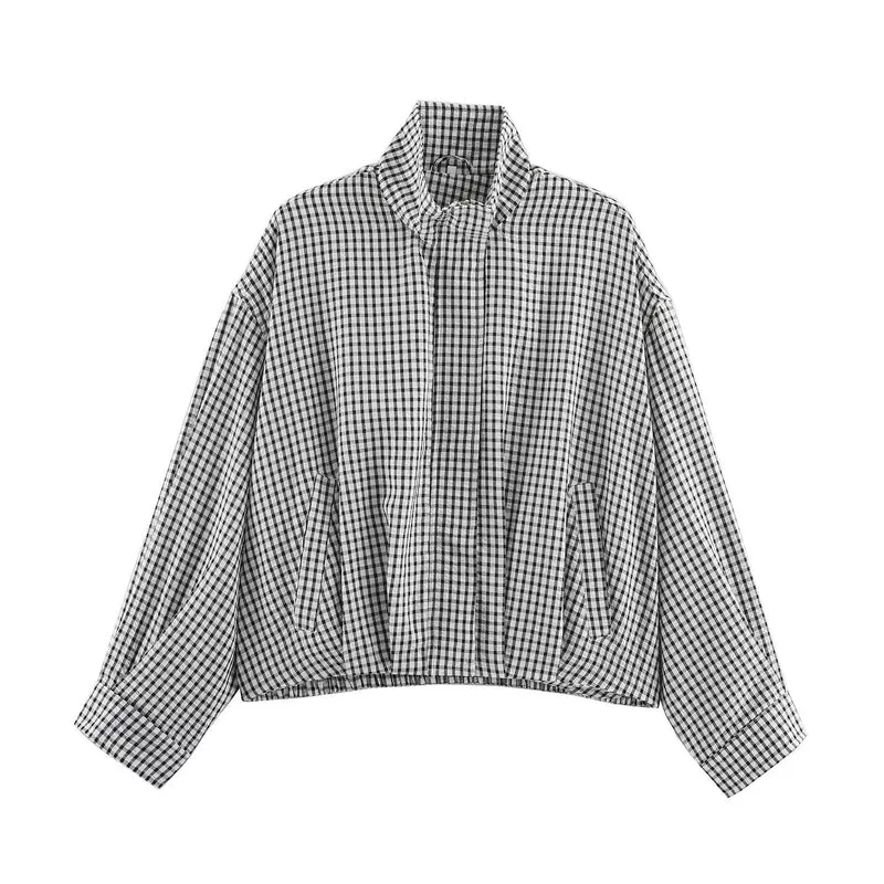 Damen Karo-Übergangsjacke im Oversize-Cropped-Schnitt mit hohem Stehkragen Nord Taschen