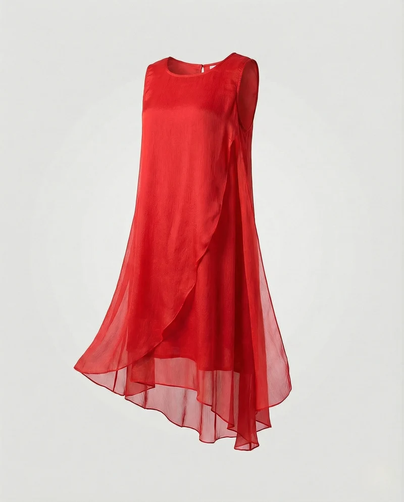 Damen Ärmelloses Seiden Lagenkleid Asymmetrisch