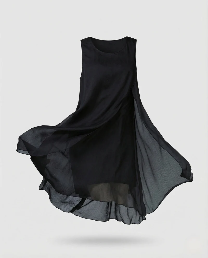 Damen Ärmelloses Seiden Lagenkleid Asymmetrisch