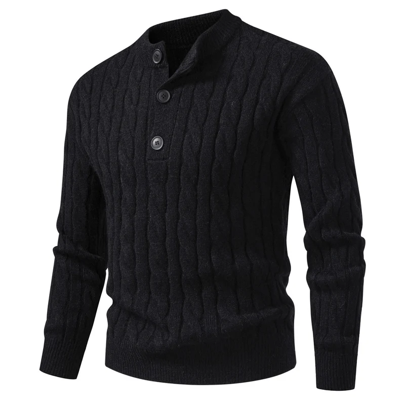 Herren Zopfmuster-Pullover mit kurzer Knopfleiste und Stehkragen Nord Taschen
