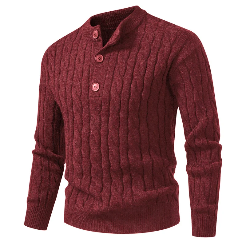 Herren Zopfmuster-Pullover mit kurzer Knopfleiste und Stehkragen Nord Taschen