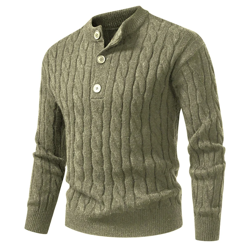 Herren Zopfmuster-Pullover mit kurzer Knopfleiste und Stehkragen Nord Taschen