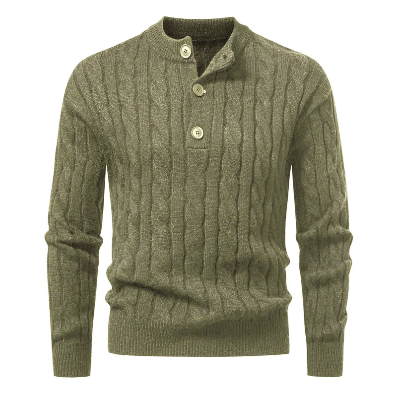 Herren Zopfmuster-Pullover mit kurzer Knopfleiste und Stehkragen Nord Taschen