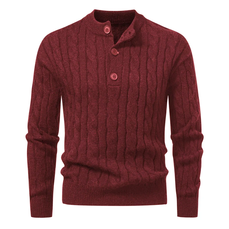 Herren Zopfmuster-Pullover mit kurzer Knopfleiste und Stehkragen Nord Taschen