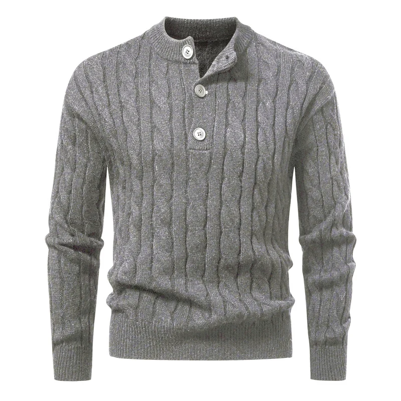 Herren Zopfmuster-Pullover mit kurzer Knopfleiste und Stehkragen Nord Taschen