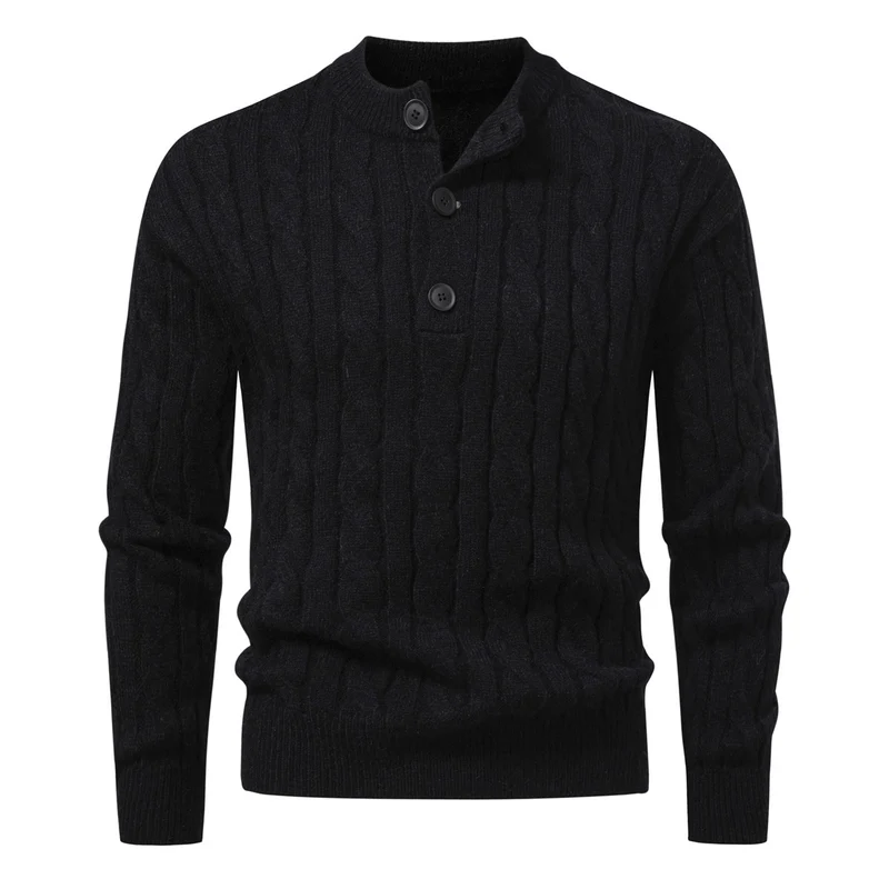 Herren Zopfmuster-Pullover mit kurzer Knopfleiste und Stehkragen Nord Taschen