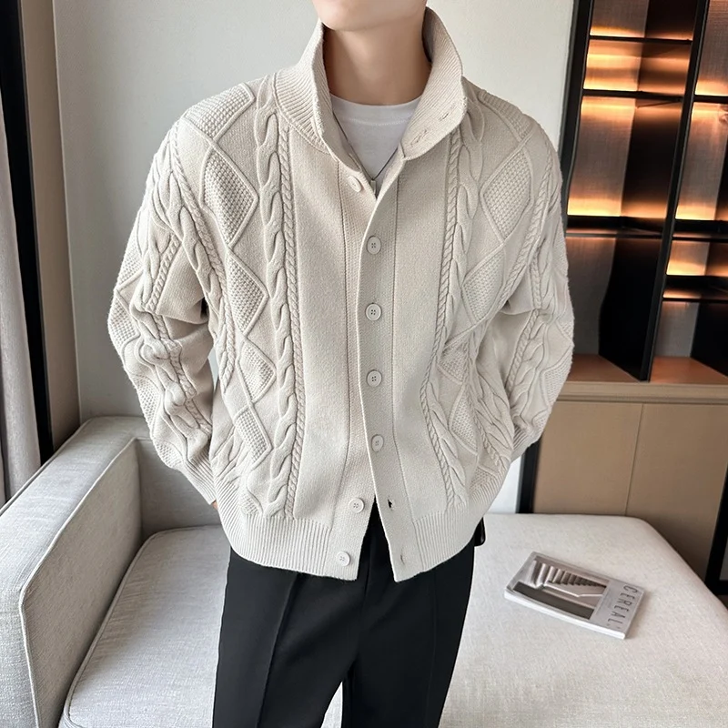 Herren Zopfmuster-Cardigan mit hohem Kragen, grober Strickoptik und durchgehender Knopfleiste Nord Taschen