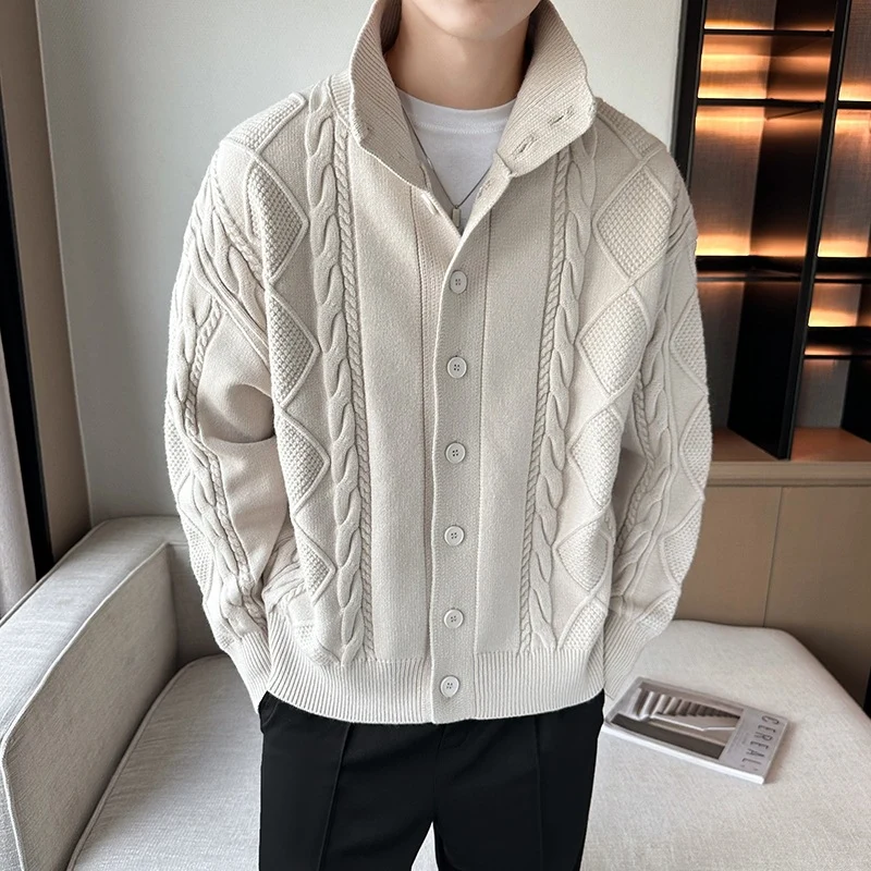 Herren Zopfmuster-Cardigan mit hohem Kragen, grober Strickoptik und durchgehender Knopfleiste Nord Taschen