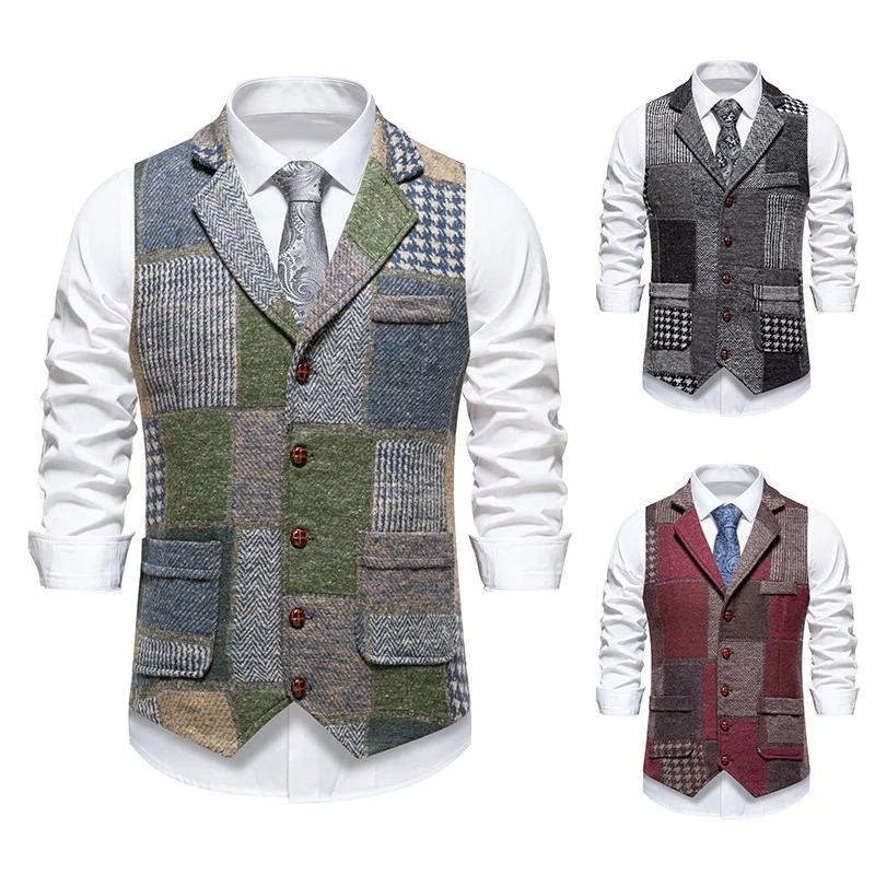 Herren Weste im Patchwork‑Tweed mit Revers und aufgesetzten Taschen Nord Taschen