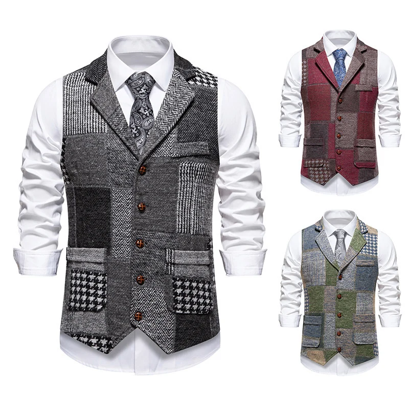 Herren Weste im Patchwork‑Tweed mit Revers und aufgesetzten Taschen Nord Taschen